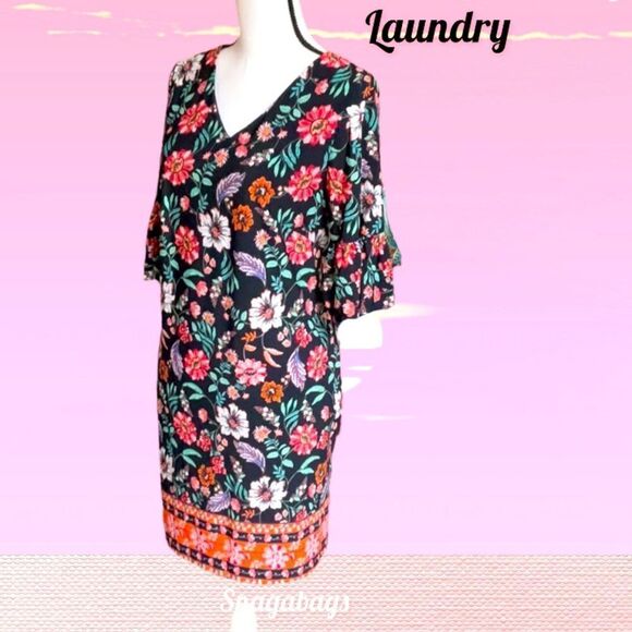 LAUNDRY NWT BLUE FLORAL SHIFT DRESS FLUTTER 3/4” SLEEVES SIZE 6 - Picture 7 of 8